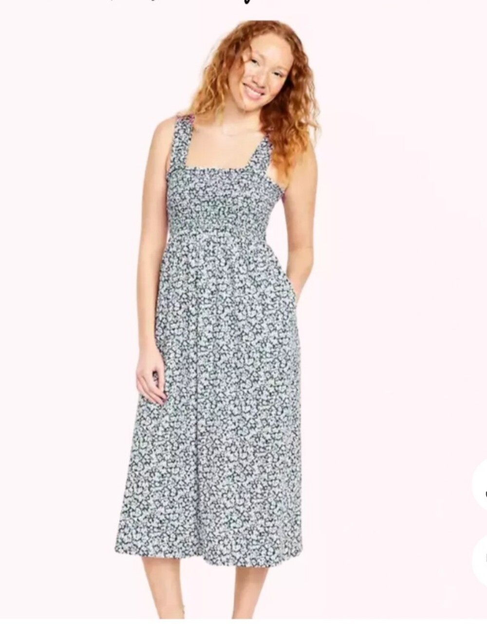 Smocked Square-Neck Midi Dress - Blue & White Floral